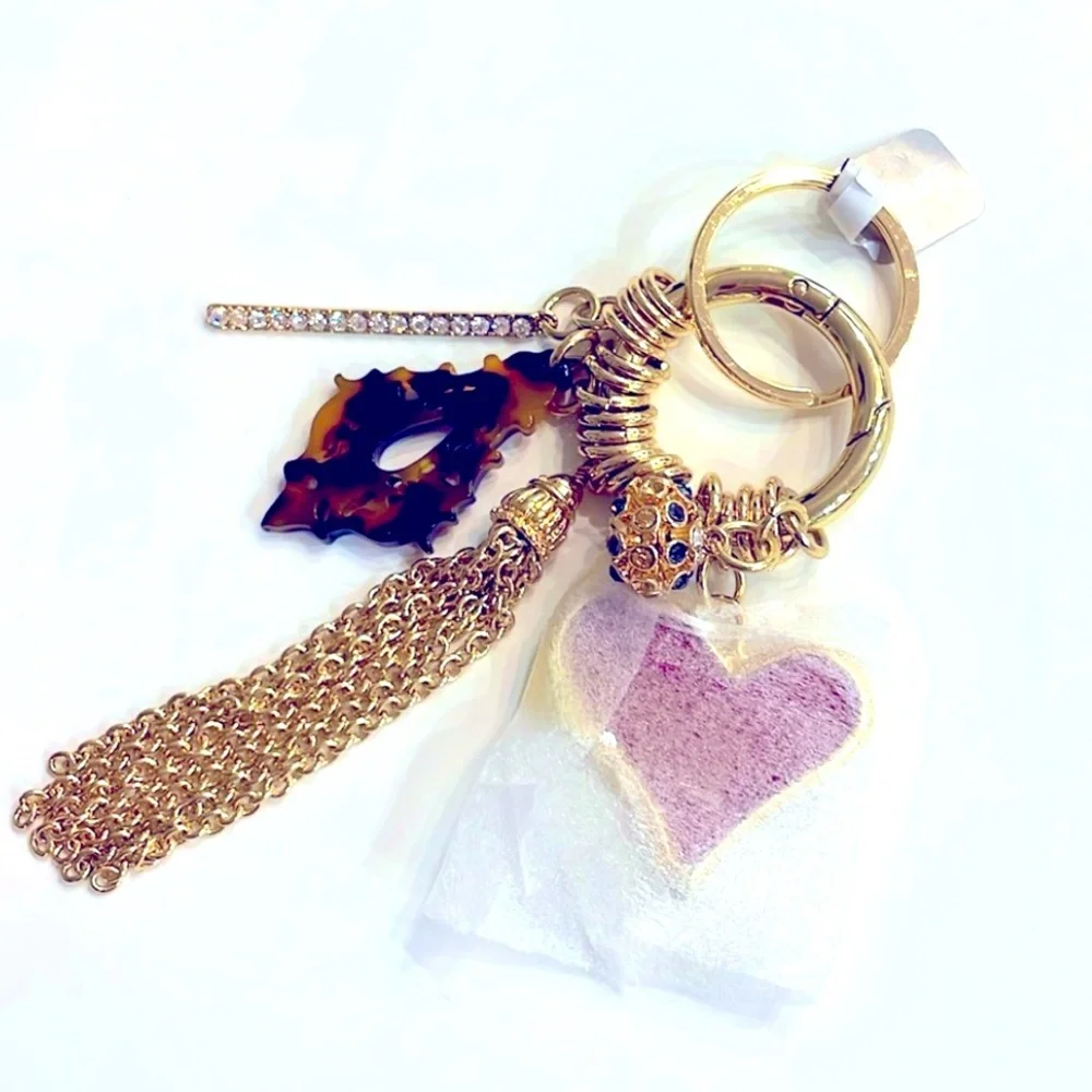 Chico’s Kate Large Enamel Heart Keychain with Charms Love Tassel Bling Gold Red